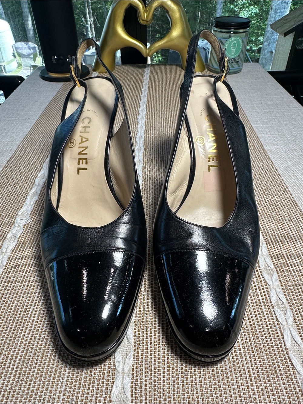 Chanel Sling Back High Heels EU 39. Black Patent Leather Cap Toe